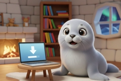 Foca dentro igloo con camino acceso e notebook
