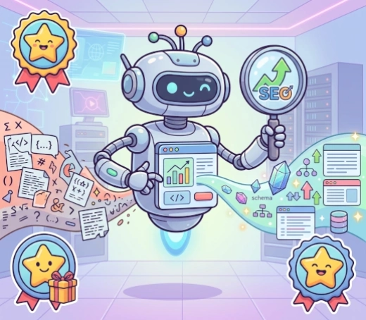 Crawler AI con lente di ingrandimento alla ricerca della meta description 