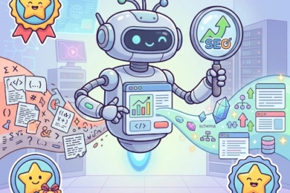 Crawler AI con lente di ingrandimento alla ricerca della meta description 